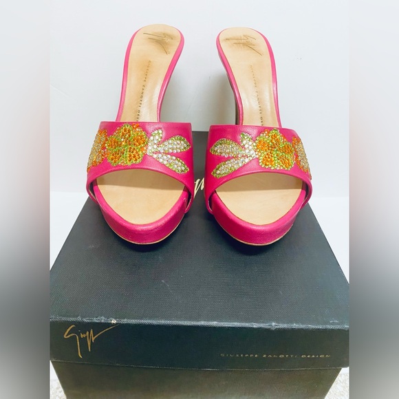 Giuseppe Zanotti Fuschia Pink Leather Floral Crystal Stiletto Mule Slide Shoe 9B - Picture 8 of 10